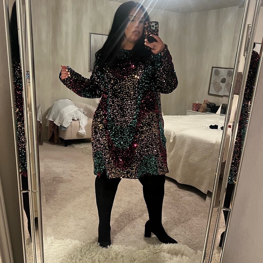 Vibrant Sequin Long Sleeve Plus Size Dress